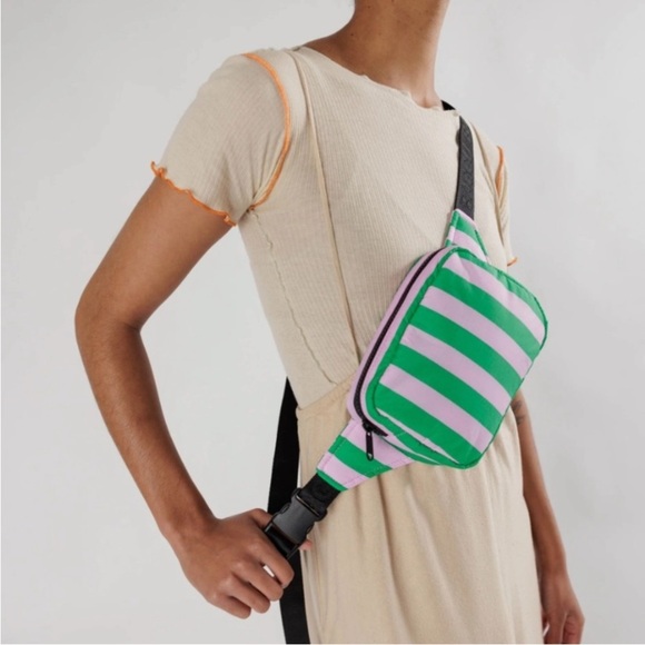 NWT BAGGU Awning Stripe Puffy Fanny Pack Pink Green - Picture 2 of 6